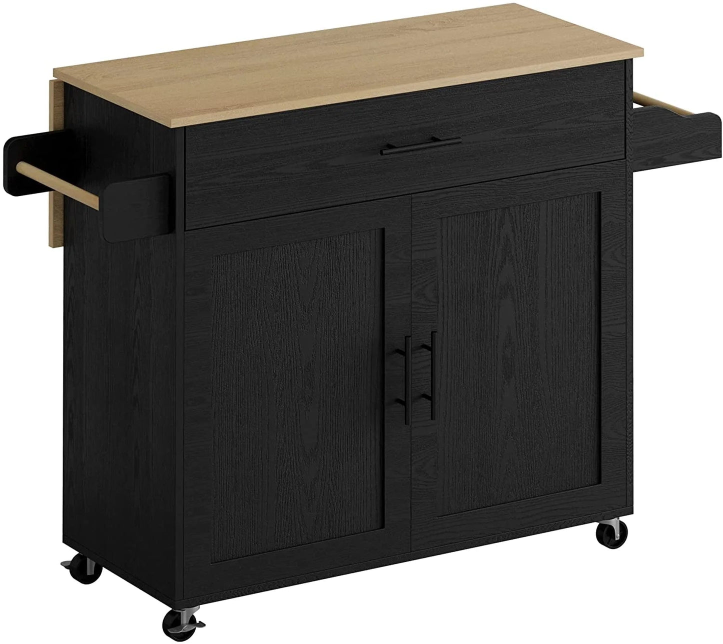 IRONCK Mobile Kitchen Island Cart with Storage Cabinet, Drawer, and 3 Spice Racks in Black