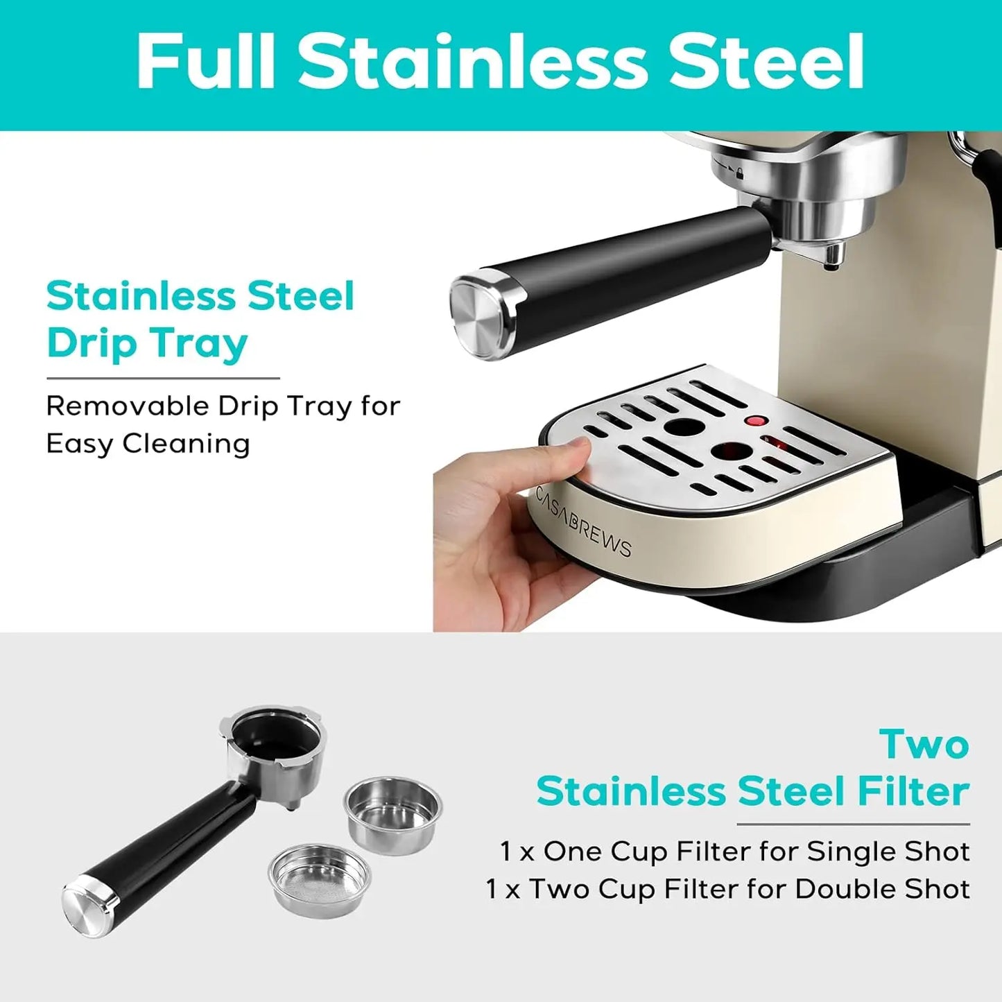 Espresso Maker with Milk Frother Steam Wand, Stainless Steel Espresso Coffee Machine
