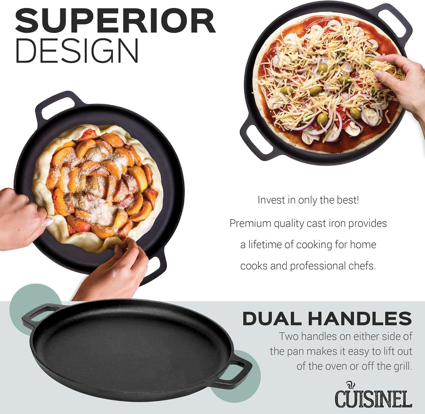 Cuisinel Pre-Seasoned 13.5 Inch Cast Iron Pizza and Baking Pan - Superior Heat Retention and Distribution for Stove, Oven, Grill, or Campfire Use