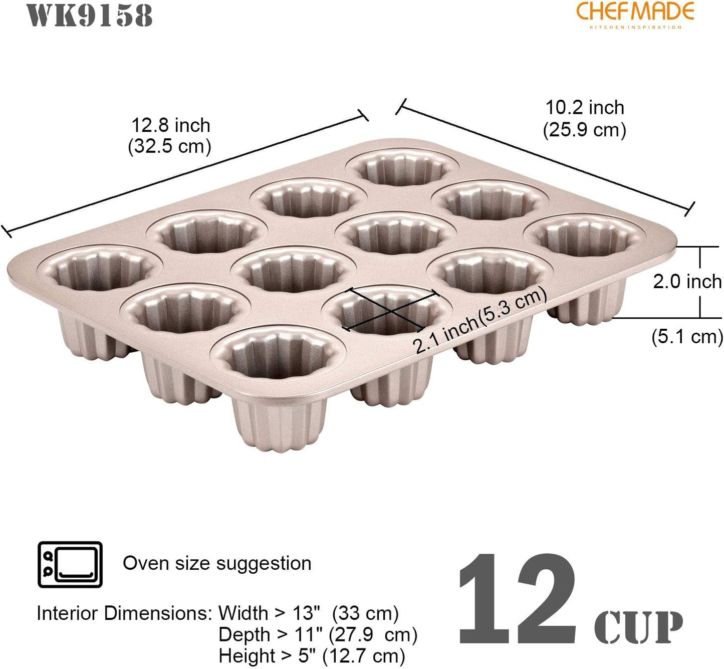 CHEFMADE Non-Stick Canele Mold Cake Pan - 12-Cavity Bakeware for Muffins and Cupcakes, Oven Safe in Champagne Gold