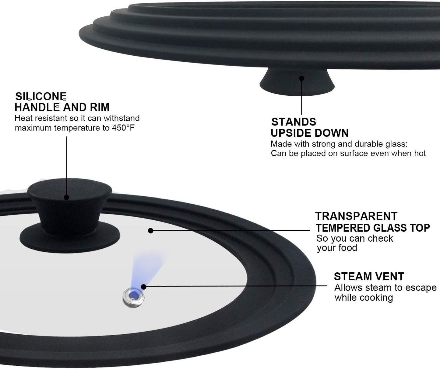Versatile Universal Lid for Pots, Pans & Skillets - Fits 6.5", 7", & 8" Cookware - Durable Tempered Glass with Heat-Resistant Silicone Rim