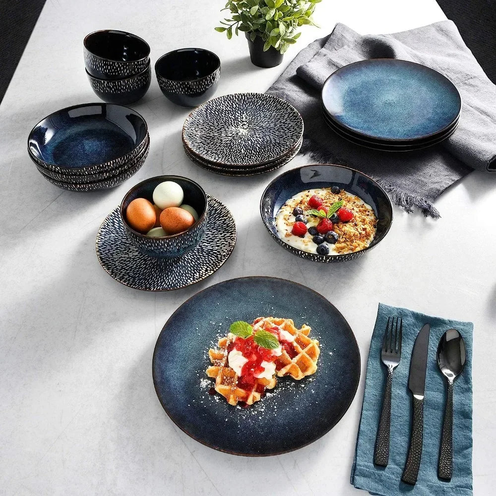 Cobalt Blue Dishes and Plates Sets, Matisse 16 Piece Double Bowl Dinnerware Set