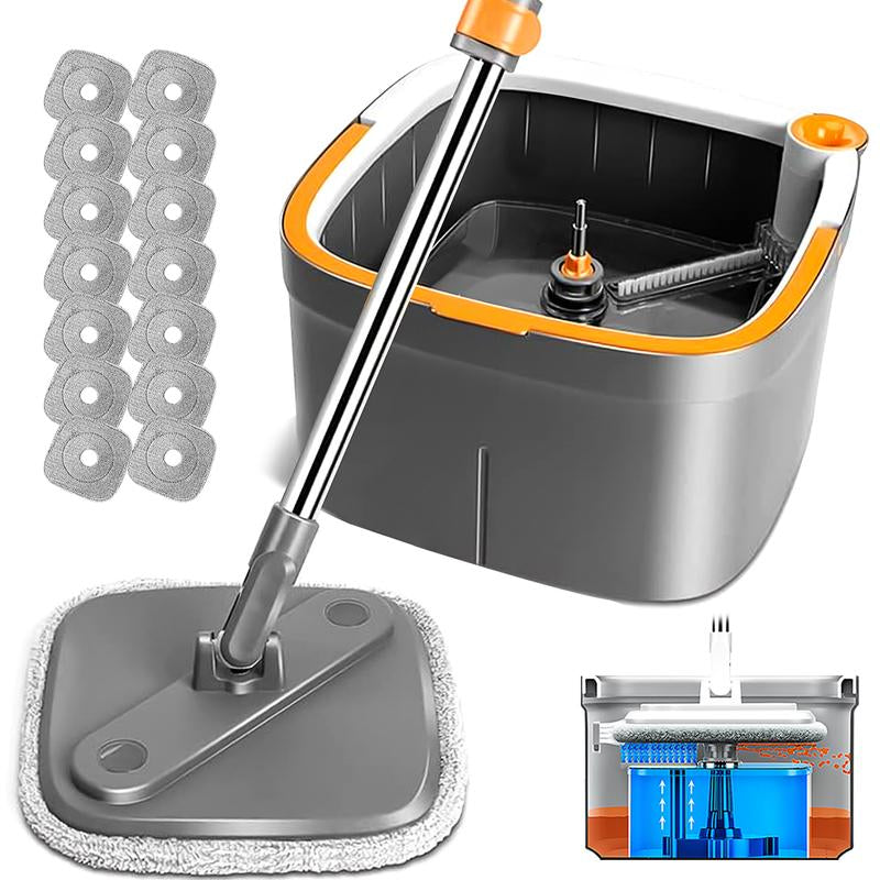 Spinning Mop and Bucket Set with Self-Separating Dirty Water & Clean Water System, Self-Drying 360° Spin Square Mop Head Wardwood Tile Marble Floors,Cleaning Mop after the Party,Adjustable Hand Tool,Family House Mom Home