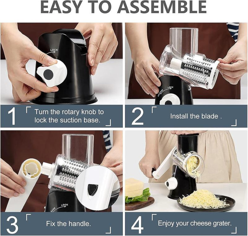 Rotary Cheese Grater with Handle, Manual Speed round Cheese Shredder with Strong Suction Base, Easy to Use Potato Hashbrown Shredder with 3 Replaceable Stainless Steel Drum (Black)