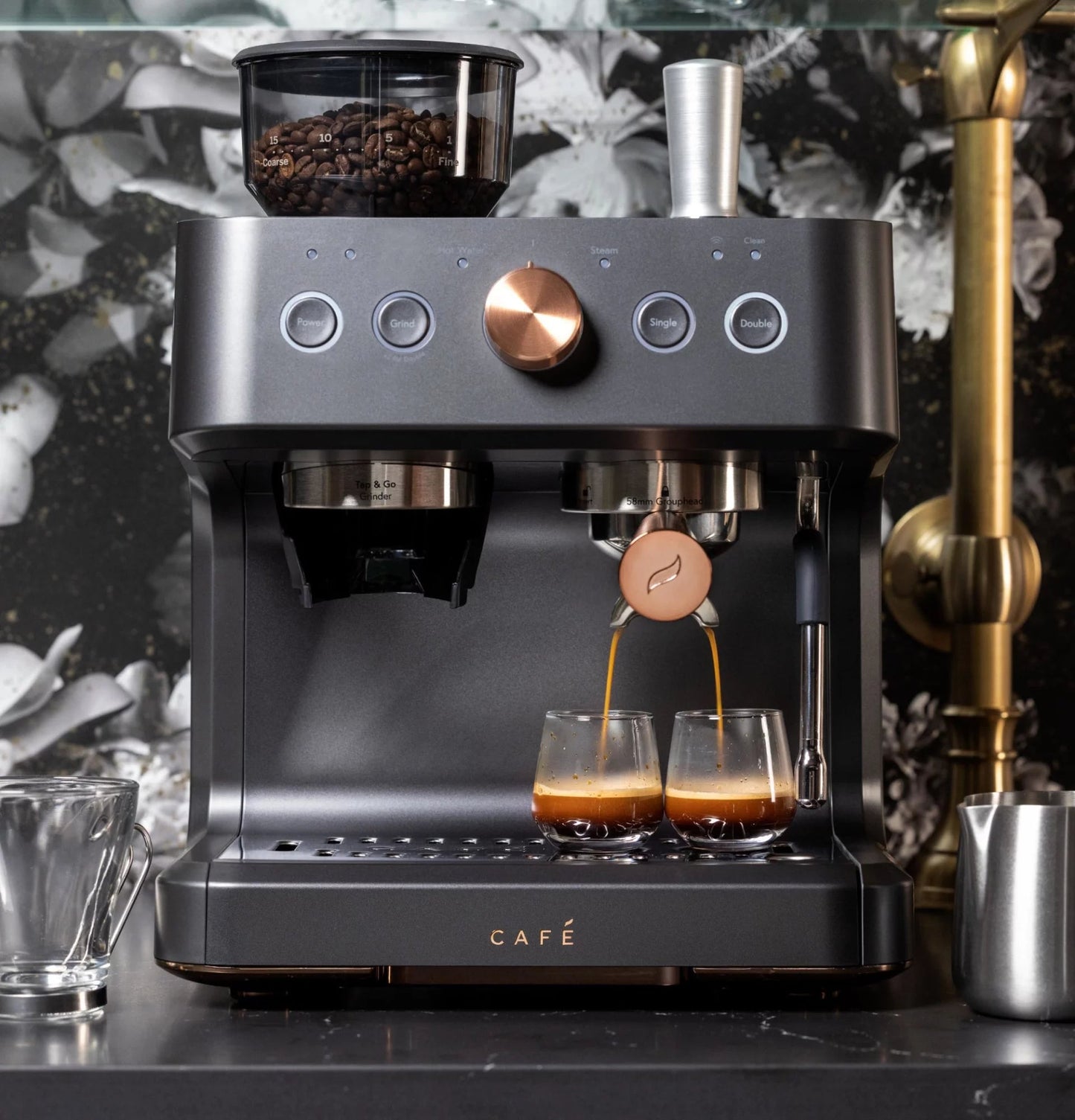 Café Bellissimo Semi-Automatic Espresso Machine with Milk Frother, Wi-Fi Connectivity, Built-In Bean Grinder, 15-Bar Pump, and 95-Ounce Water Reservoir in Steel Silver