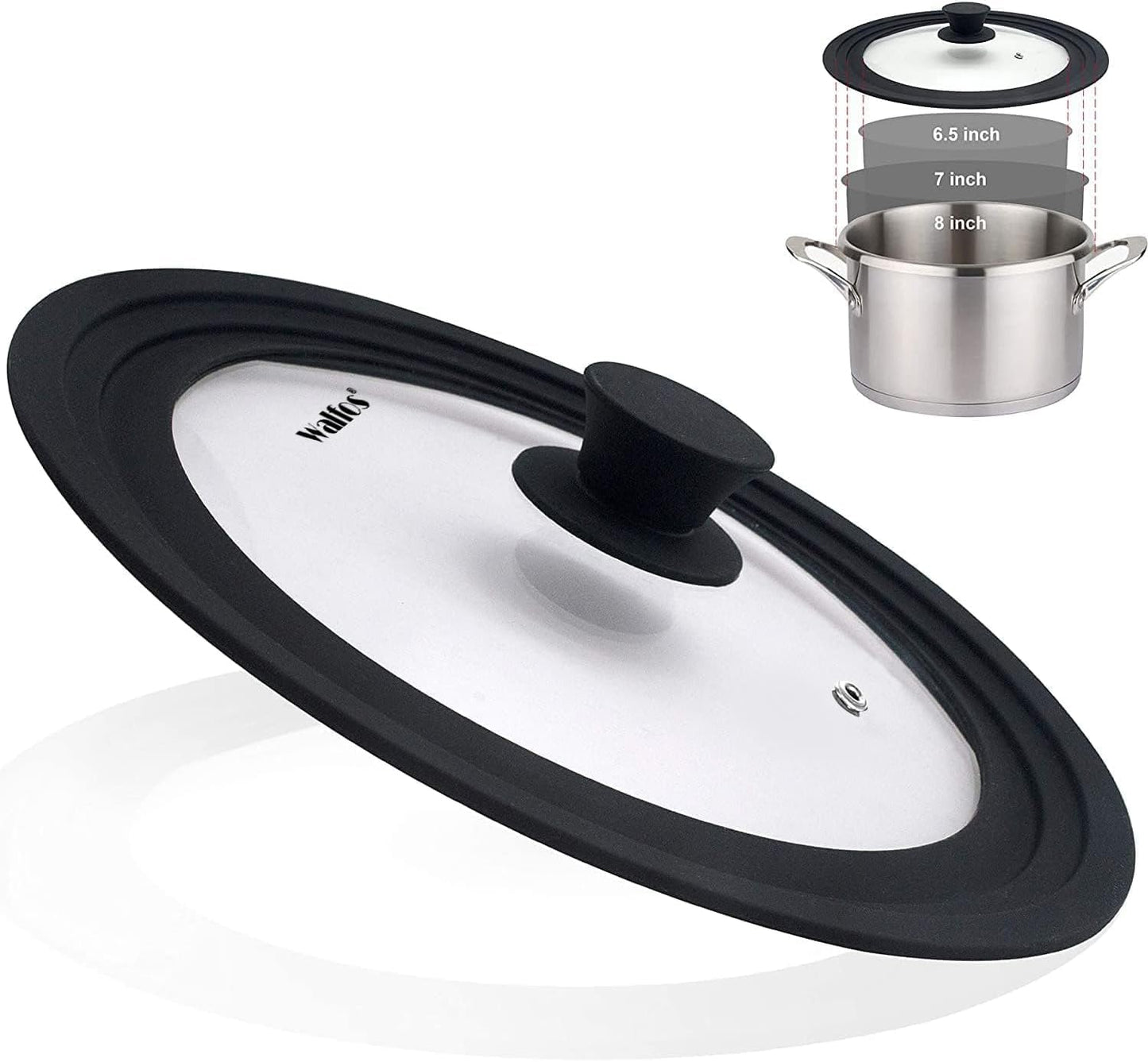 Versatile Universal Lid for Pots, Pans & Skillets - Fits 6.5", 7", & 8" Cookware - Durable Tempered Glass with Heat-Resistant Silicone Rim