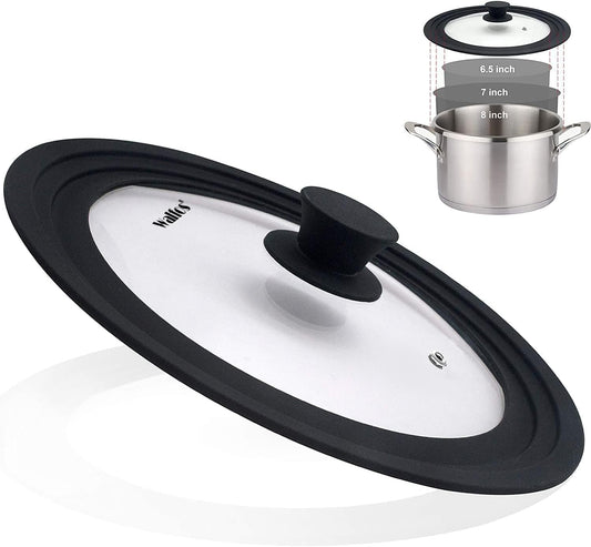 Versatile Universal Lid for Pots, Pans & Skillets - Fits 6.5", 7", & 8" Cookware - Durable Tempered Glass with Heat-Resistant Silicone Rim