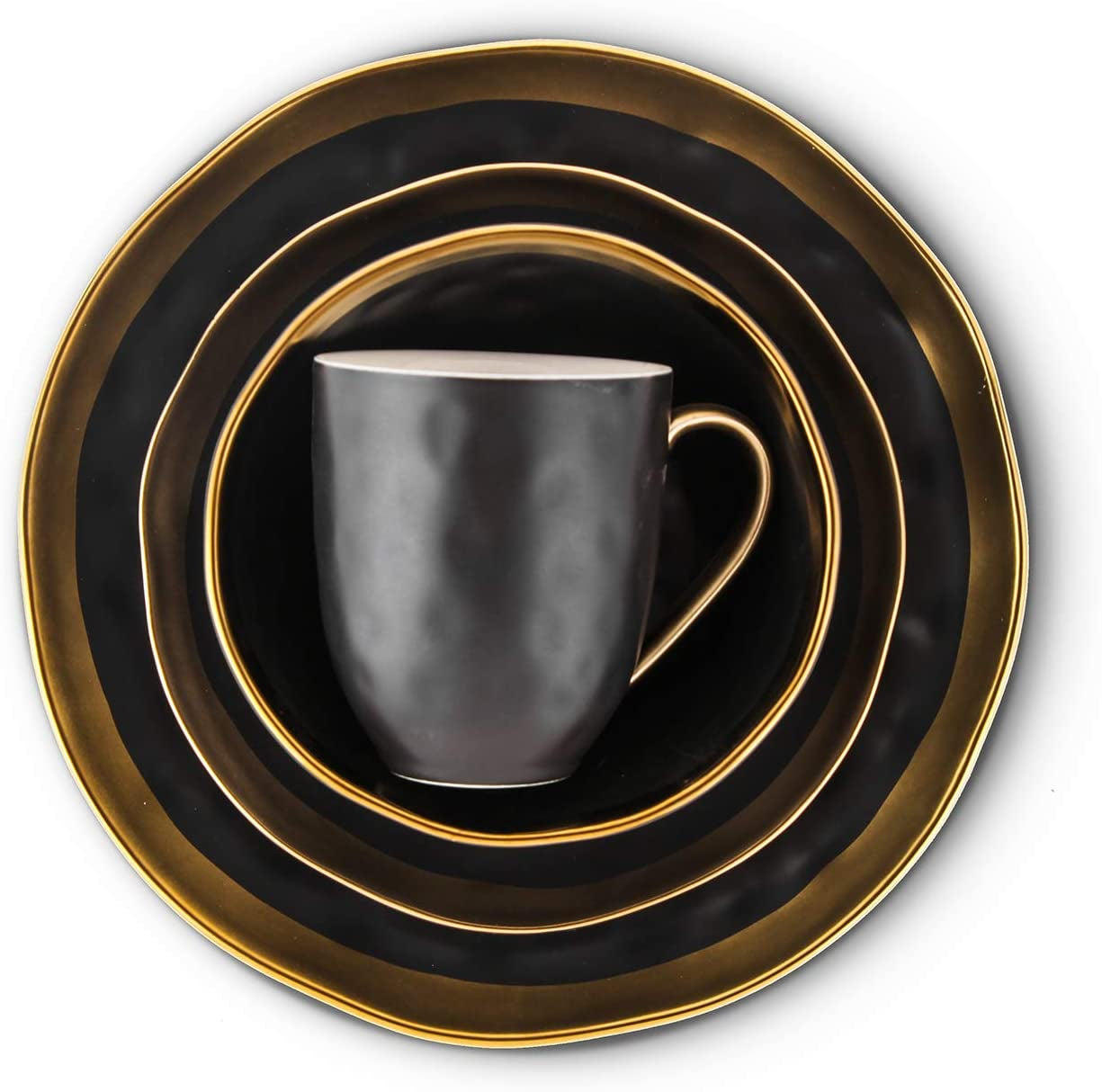 Stone Lain Florian Contemporary 16-Piece Porcelain Dinnerware Set with Black and Gold Rim for Four