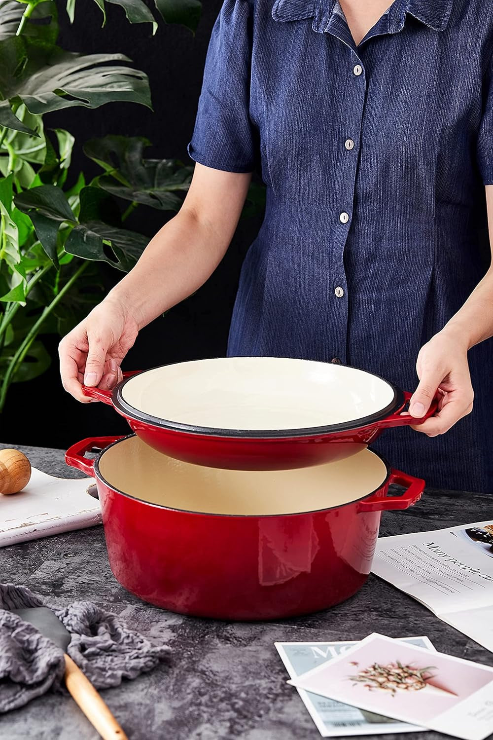 Bruntmor 2-in-1 Enamel Cast Iron Dutch Oven with Skillet Lid - 7 Quart Red Cookware for Casseroles and Braising
