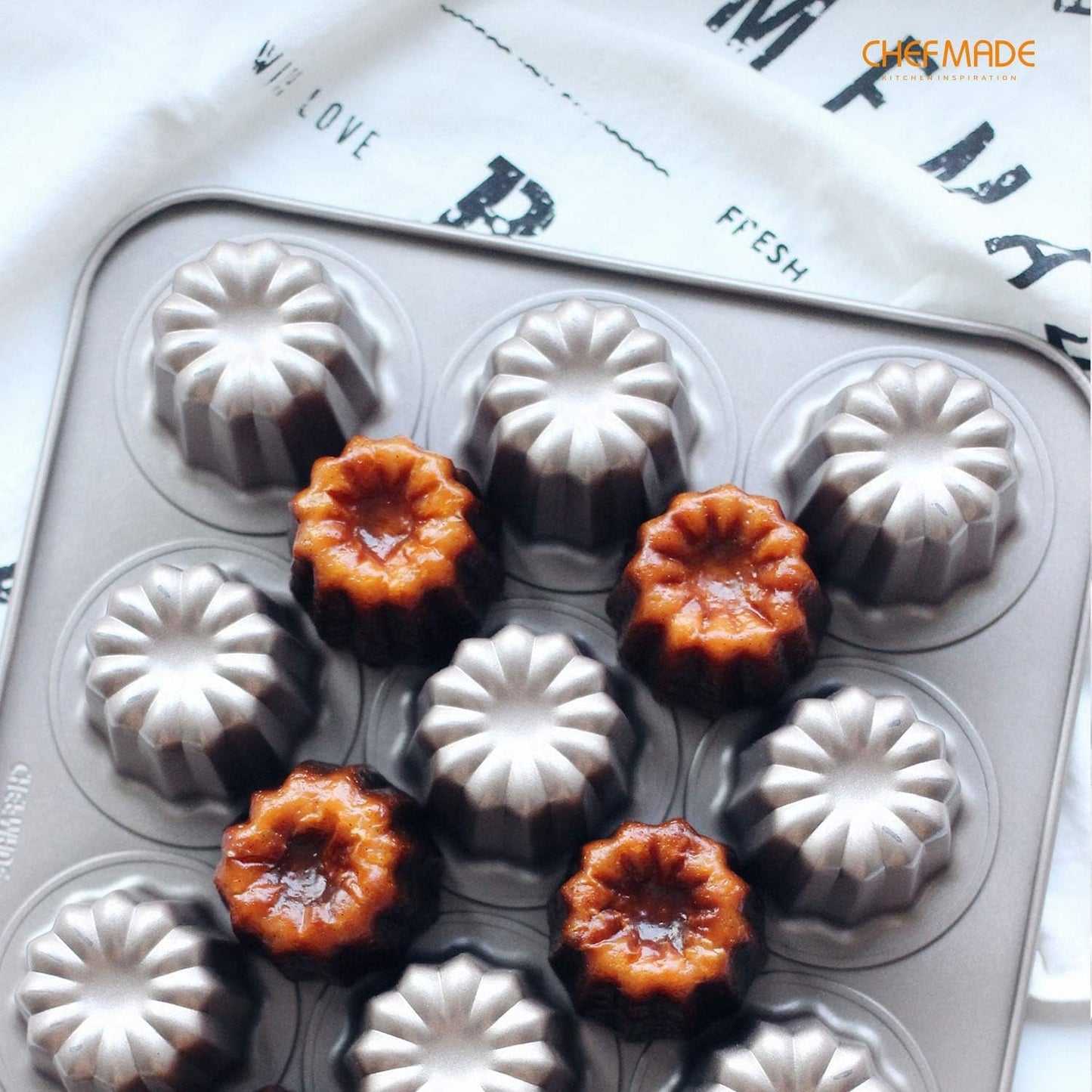 CHEFMADE Non-Stick Canele Mold Cake Pan - 12-Cavity Bakeware for Muffins and Cupcakes, Oven Safe in Champagne Gold