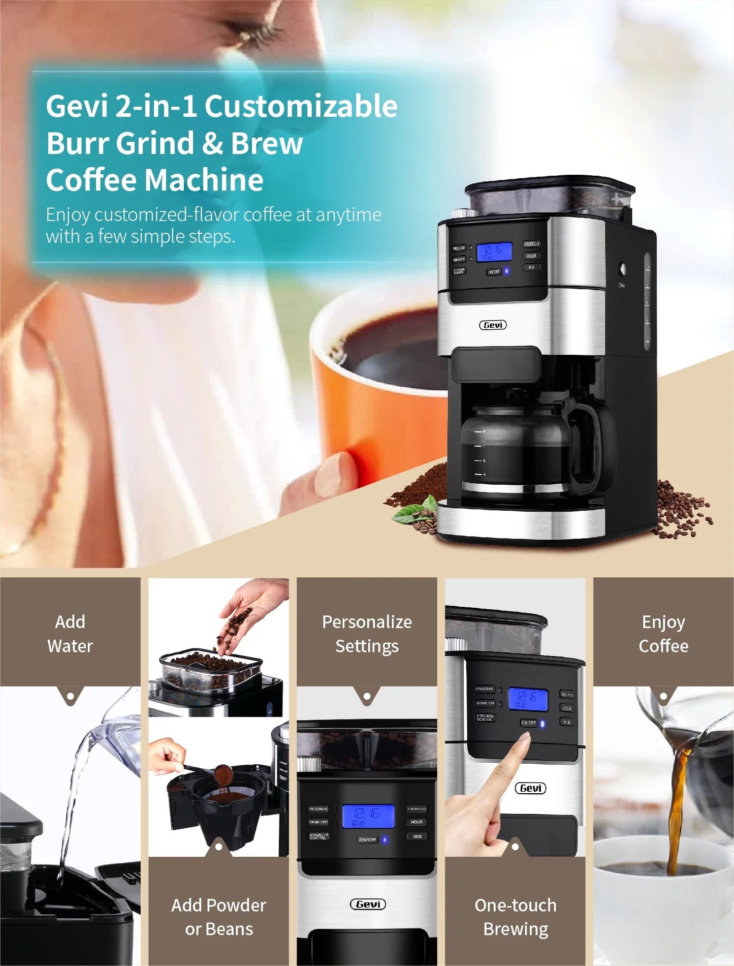 GEVI 10-Cup Programmable Coffee Maker with Built-In Burr Grinder and Drip Brewing System