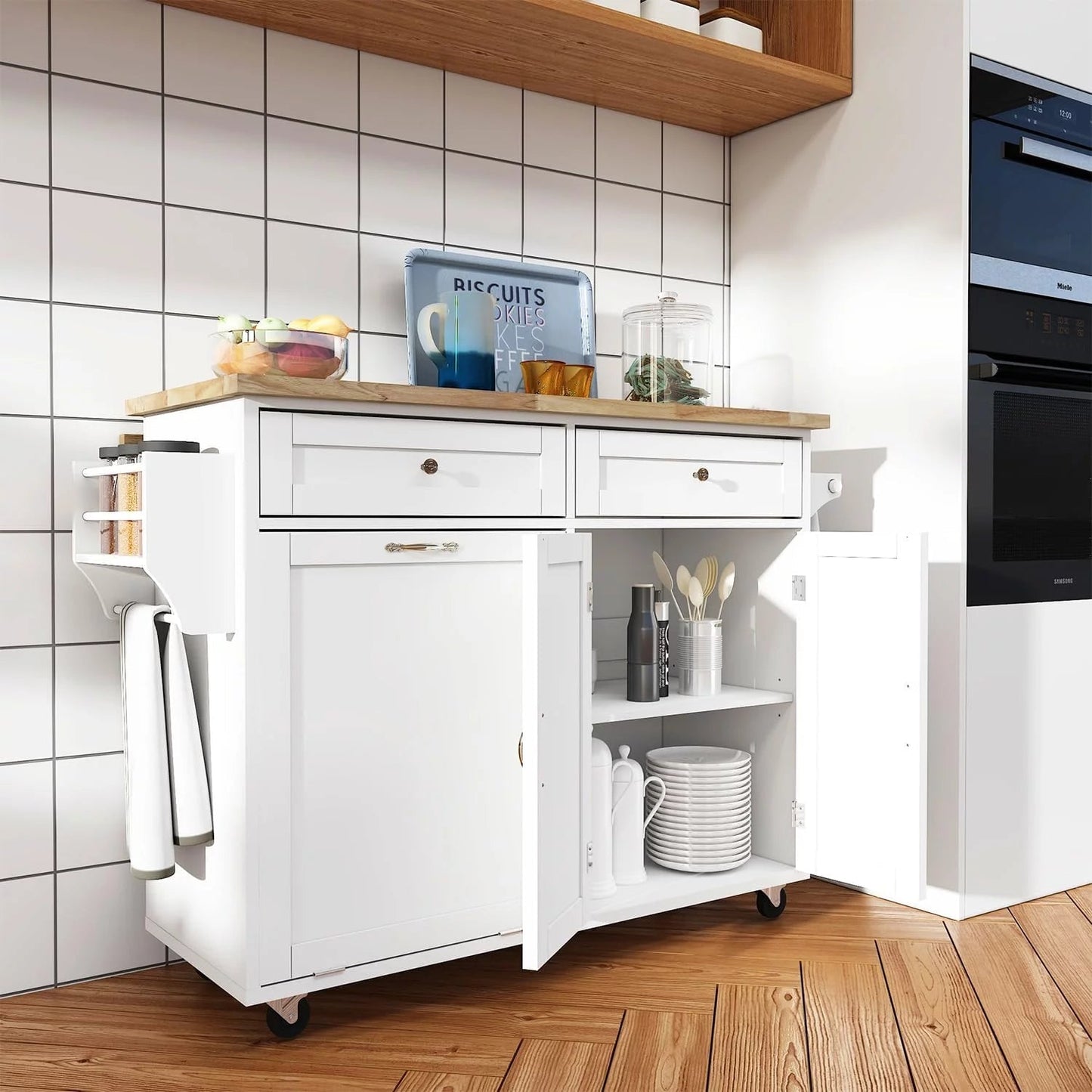 ANPOO Rolling Kitchen Island with Drop Leaf, Tilt Out Kitchen Trash Cabinet 10 Gallon Storage, Kitchen Cart Island with Rubber Wood Top, Spice Rack and Drawers(White)