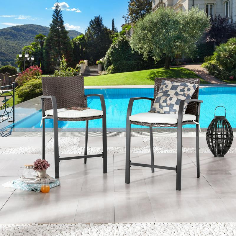 LOKATSE HOME 2 PCS Outdoor Patio Wicker Bar Stools, Height Chairs with Armrest and Cushion for Backyard Deck Lawn Garden