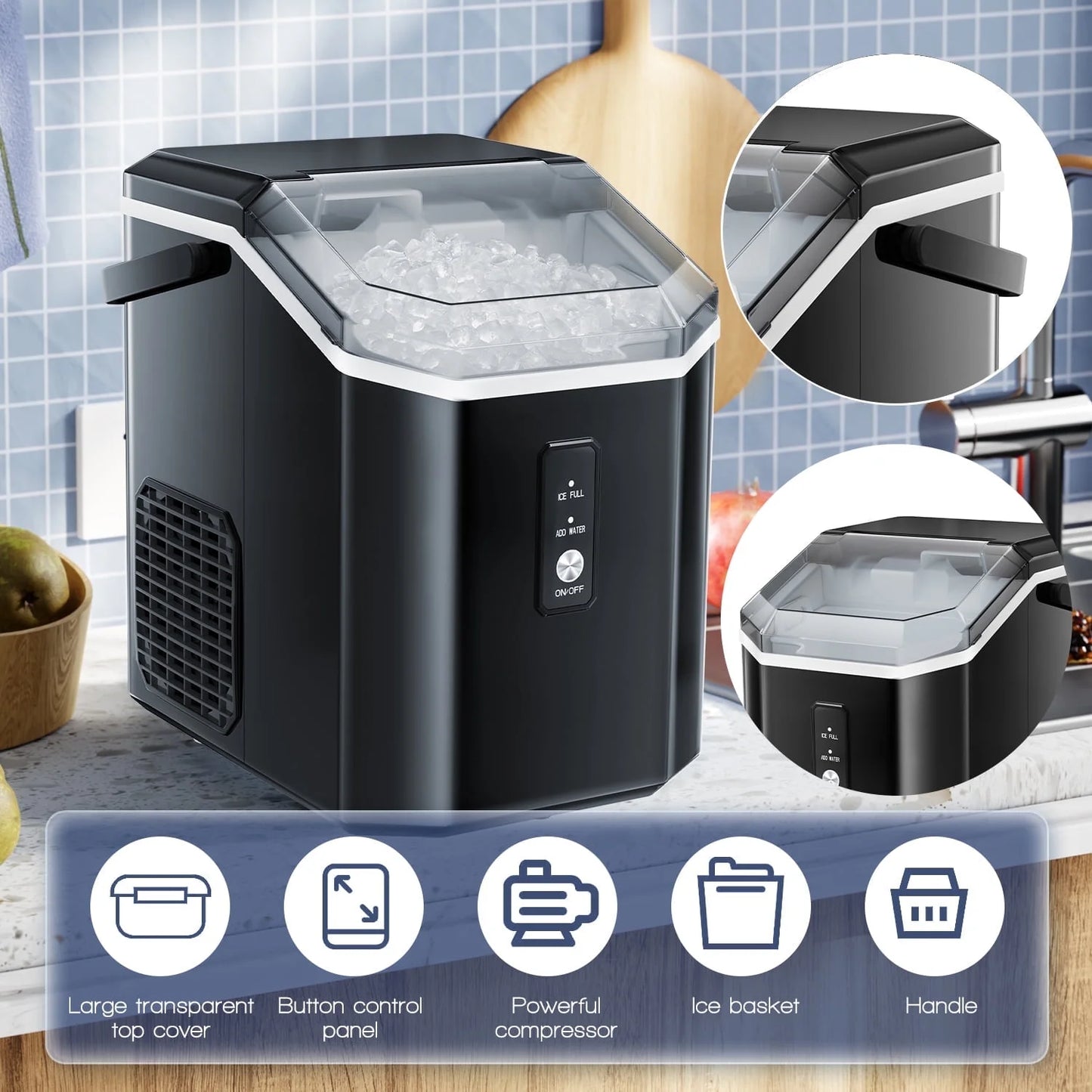 Auseo Nugget Ice Maker Countertop with Soft Chewable Pellet Ice, Portable Ice Machine with Handle, 35Lbs/24H, for Kitchen/Office/Party(Black)