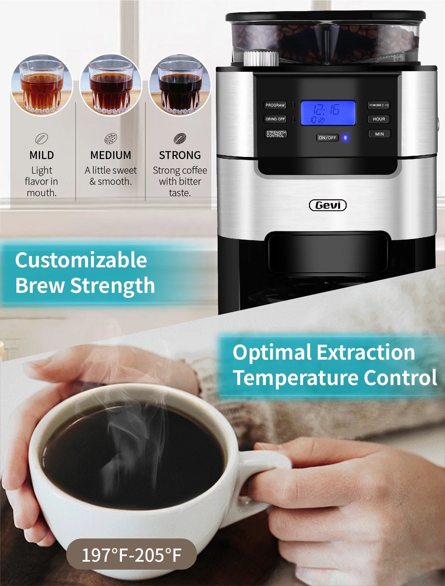 GEVI 10-Cup Programmable Coffee Maker with Built-In Burr Grinder and Drip Brewing System