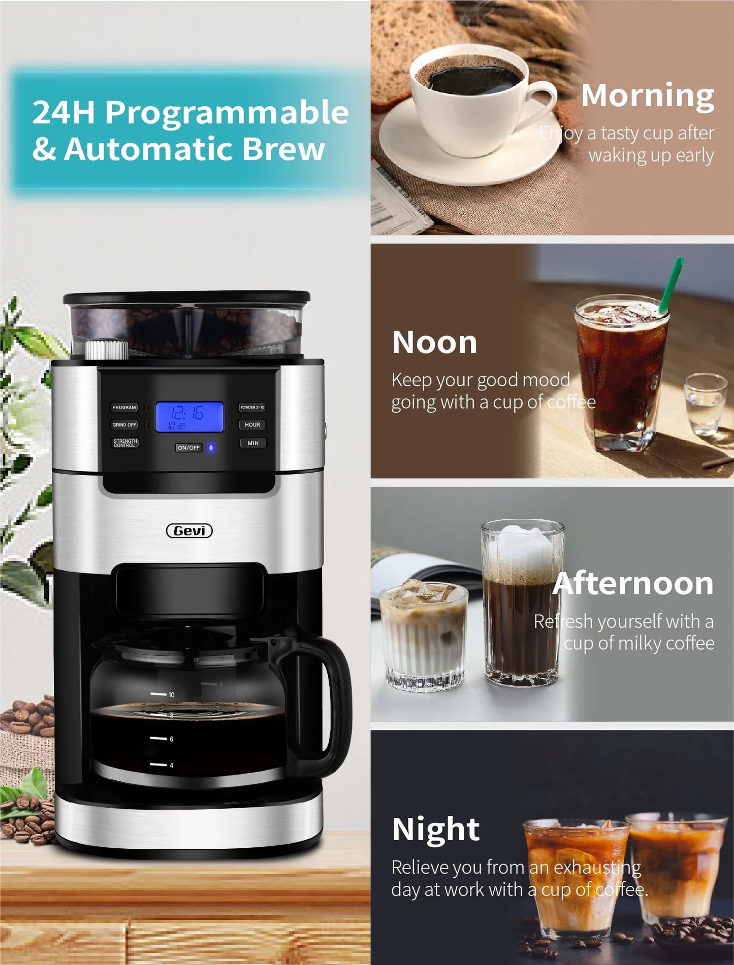 GEVI 10-Cup Programmable Coffee Maker with Built-In Burr Grinder and Drip Brewing System