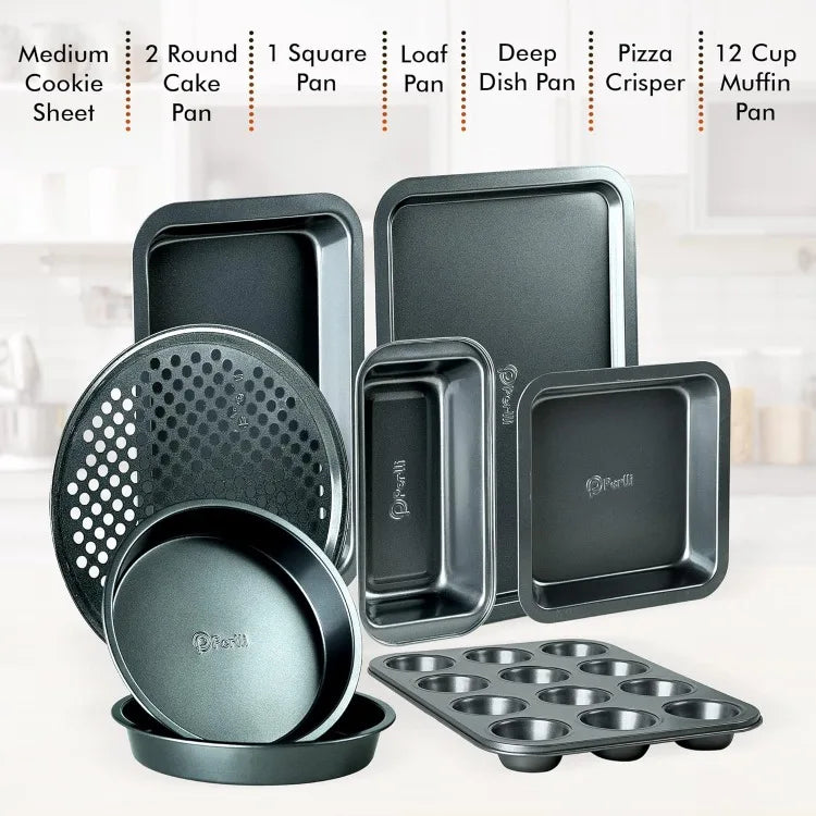 Baking Pan 8 Piece Set Nonstick Carbon Steel Gray Oven Safe Bakeware Kitchen Set, Cookie Sheet, 2 Round Cake Pans, Square Pan,