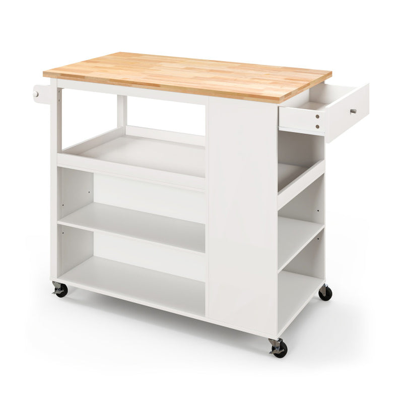 Mobile Kitchen Island Trolley Featuring Open Shelves and Drawer Storage