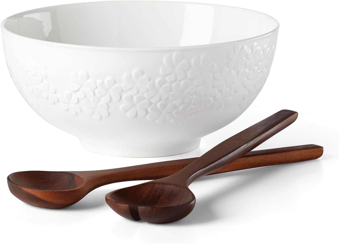 Kate Spade New York Blossom Lane Salad Bowl and Serving Utensils Set, 3.75 lbs, White