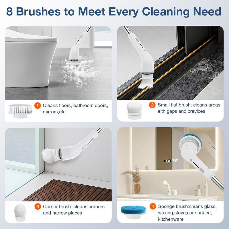 8-in-1 Electric Spin Bathroom Scrubber with Holder and Charger, Long Handle Cleaning Brush for Kitchen and Floor Maintenance