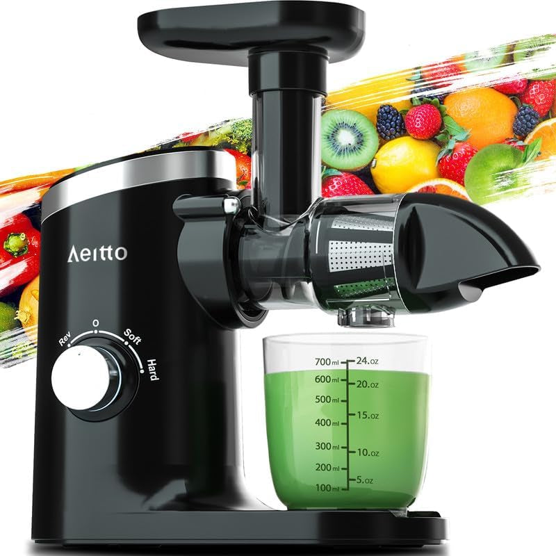 Aeitto Cold Press Juicer - High Juice Yield, Quiet Operation, Easy Cleaning Brush, Soft & Hard Modes, Reverse Function, Perfect for Fruits and Vegetables - Black