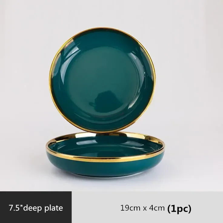 Gilt Rim Green Ceramic Plate Steak Food Plates Bowls Ins Dinner Dish Luxurious Porcelain Dinnerware Set for Family Hotel