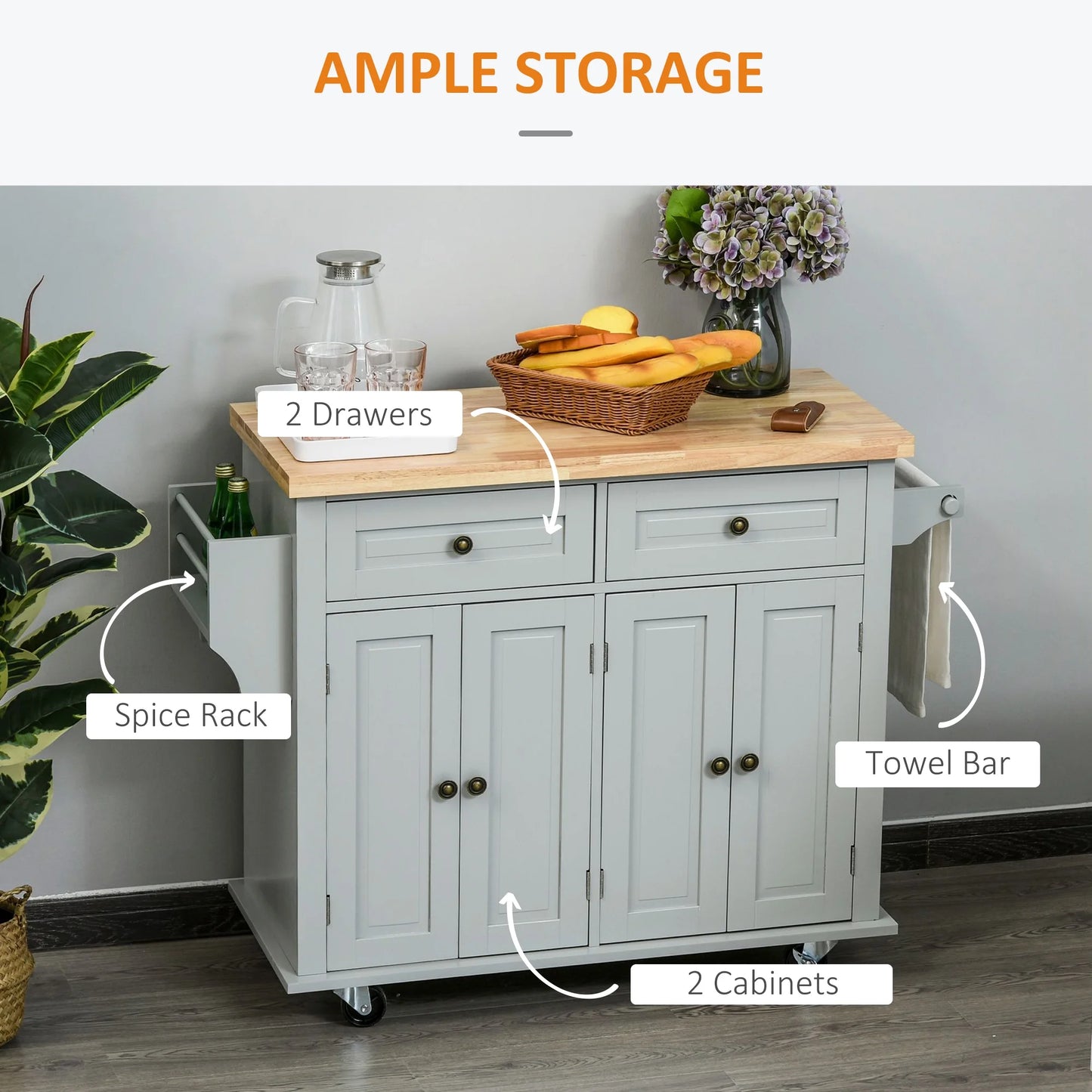 HOMCOM Rolling Kitchen Island Cart with Rubber Wood Top, Spice Rack, Towel Rack & Drawers for Dining Room, Grey