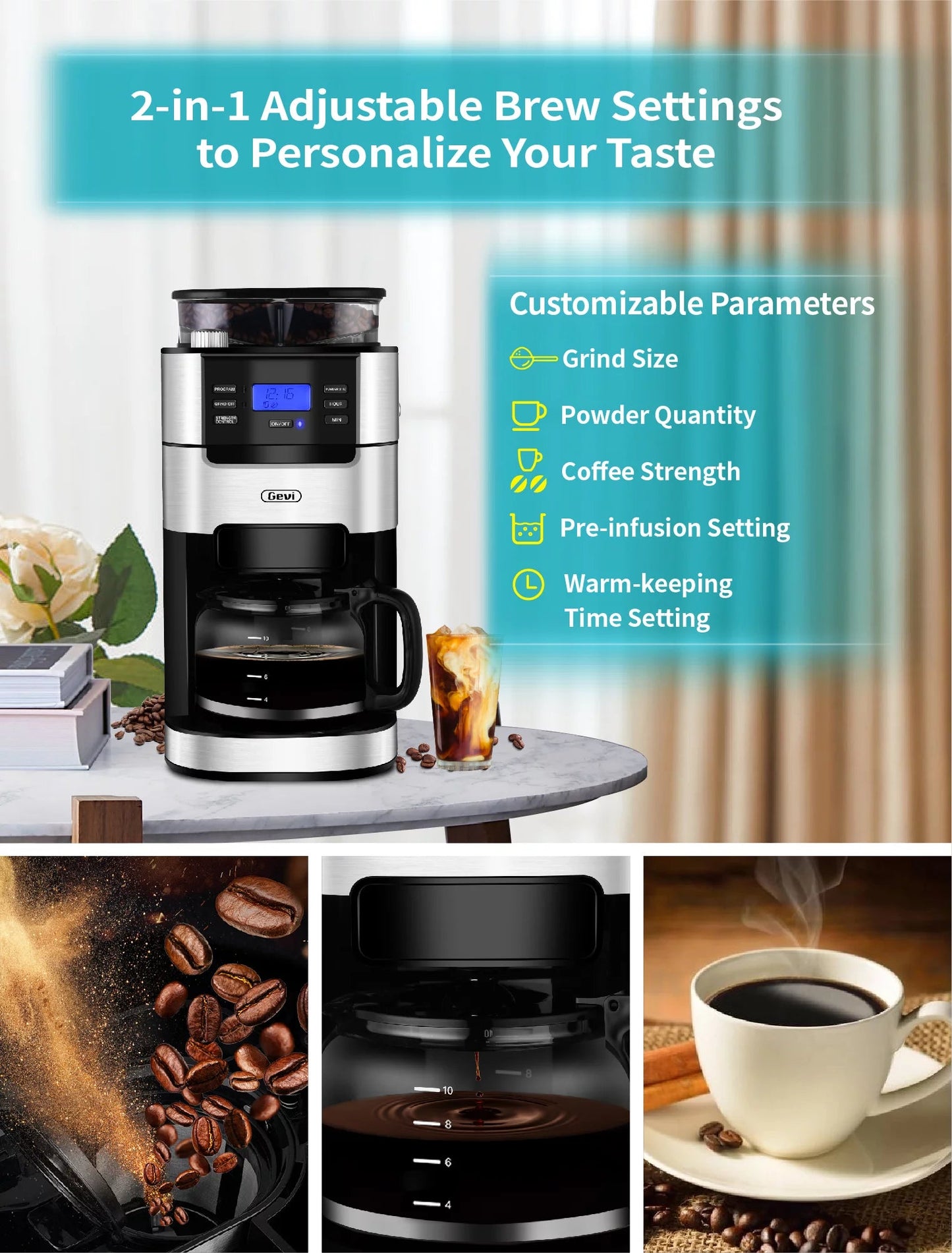 GEVI 10-Cup Programmable Coffee Maker with Built-In Burr Grinder and Drip Brewing System