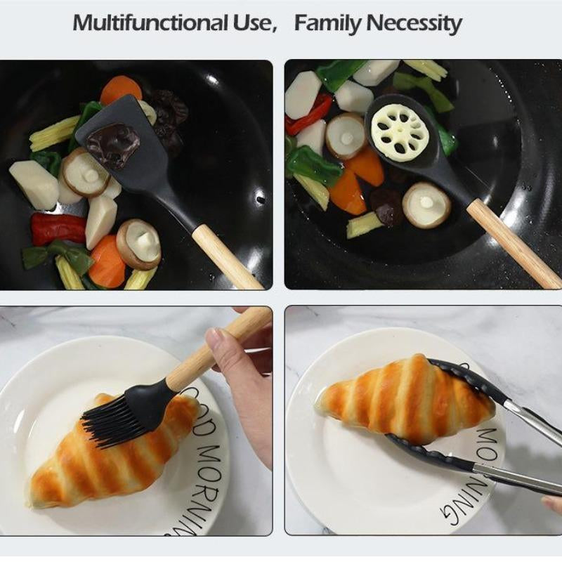 Silicone Kitchen Cooking Utensils Set, 12Pcs/Set Heat Resistant, Tongs, Spatula, Spoon, Brush, Whisk, Wooden Handle Kitchen Gadgets with Holder