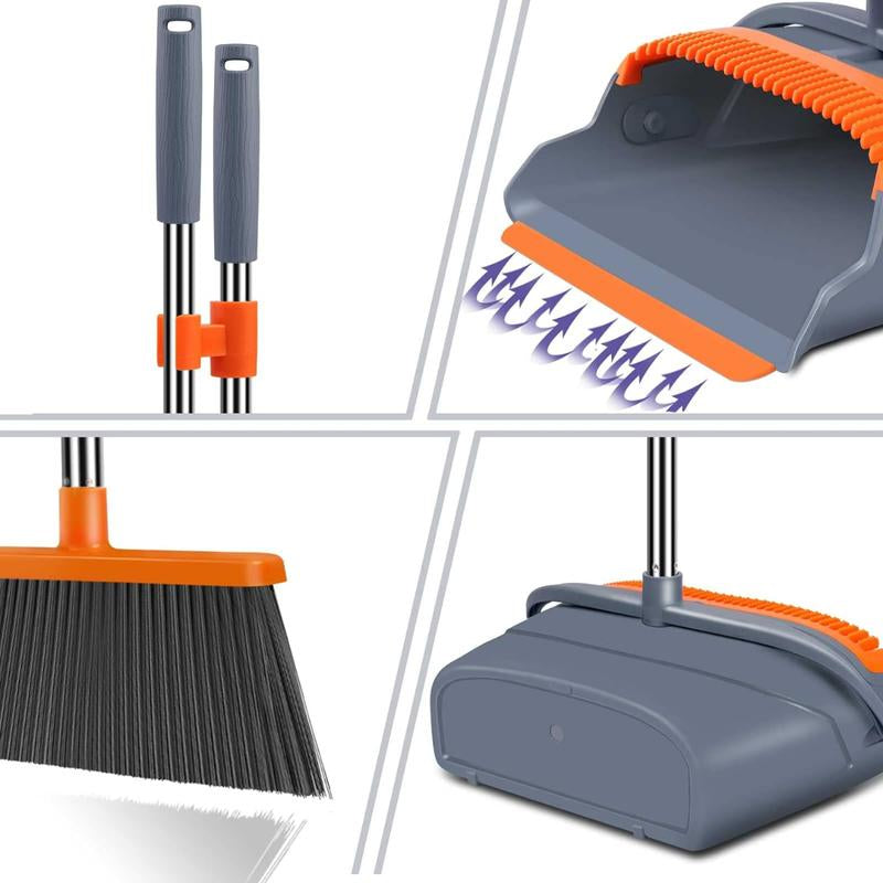 Upgrade Broom and Dustpan Set, Self-Cleaning with Dustpan Teeth, Indoor&Outdoor Sweeping, Ideal for Dog Cat Pets Home Use, Stand up Broom and Dustpan (Gray&Orange)