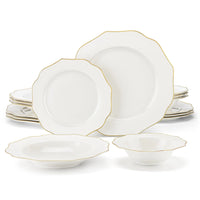 MALACASA Series LOTUS, 16-Piece Bone China Dinnerware Set, White with Golden Rim Dinner Sets, Service for 4