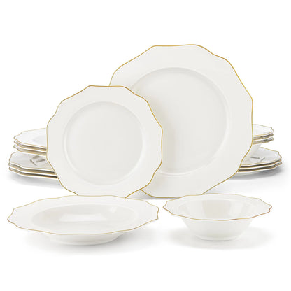 MALACASA Series LOTUS, 16-Piece Bone China Dinnerware Set, White with Golden Rim Dinner Sets, Service for 4