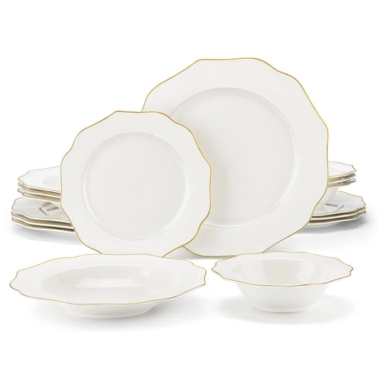 MALACASA Series LOTUS, 16-Piece Bone China Dinnerware Set, White with Golden Rim Dinner Sets, Service for 4