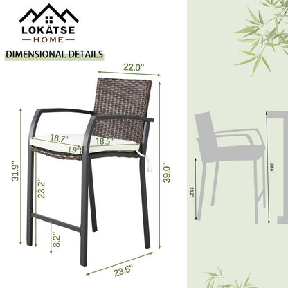 LOKATSE HOME 2 PCS Outdoor Patio Wicker Bar Stools, Height Chairs with Armrest and Cushion for Backyard Deck Lawn Garden