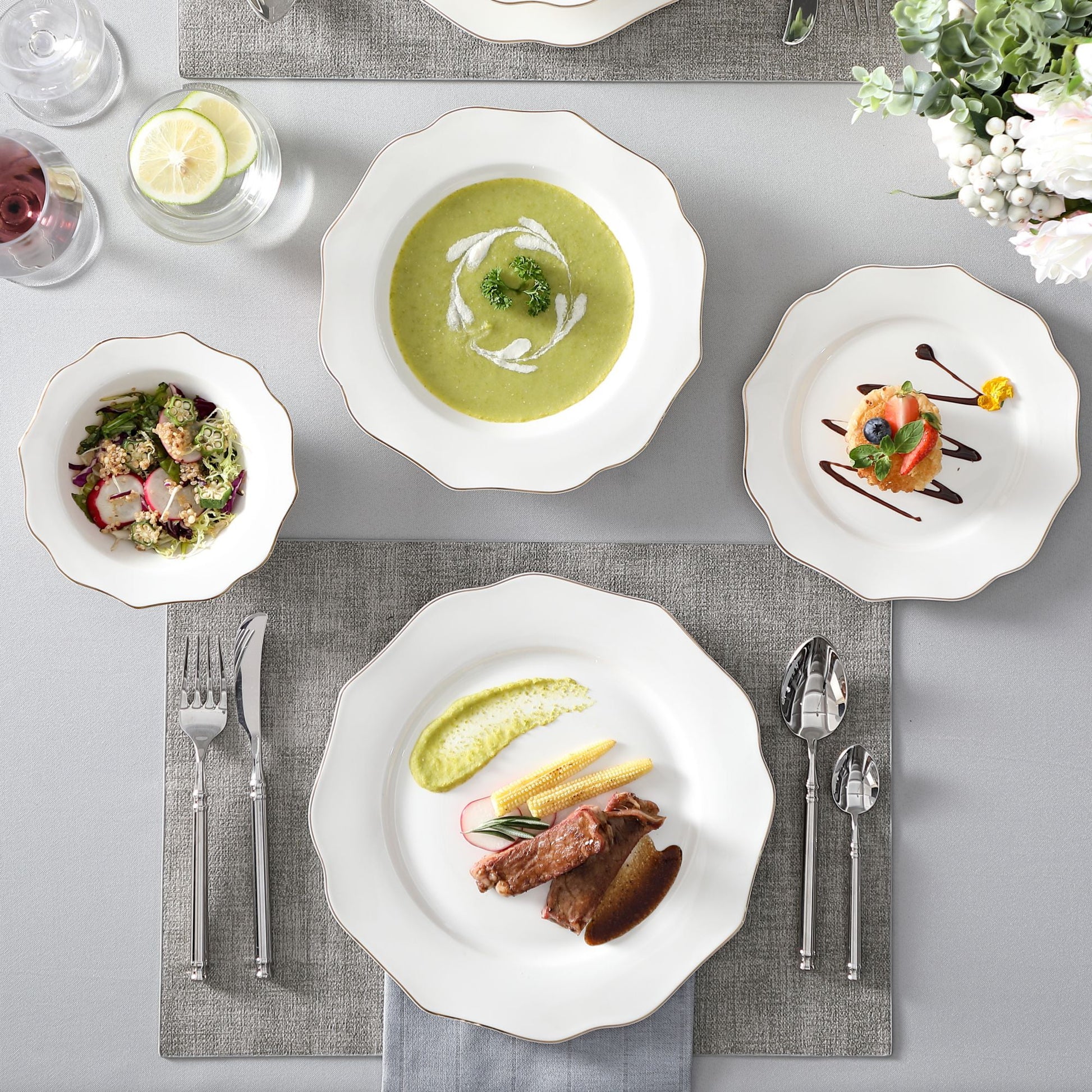 MALACASA Series LOTUS, 16-Piece Bone China Dinnerware Set, White with Golden Rim Dinner Sets, Service for 4