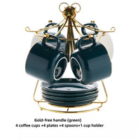 Color: Navy Blue, Capacity: Gold free handle - Simple Gold-painted Coffee Cup Suit Luxury Ceramic European-style Latte Art Afternoon Tea With Shelf