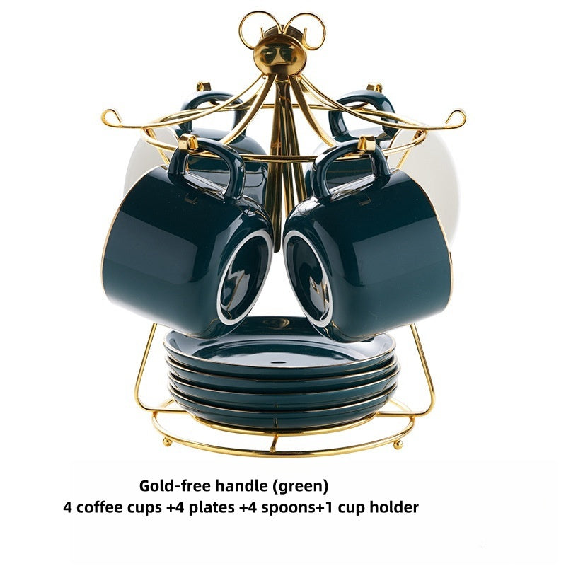 Color: Navy Blue, Capacity: Gold free handle - Simple Gold-painted Coffee Cup Suit Luxury Ceramic European-style Latte Art Afternoon Tea With Shelf