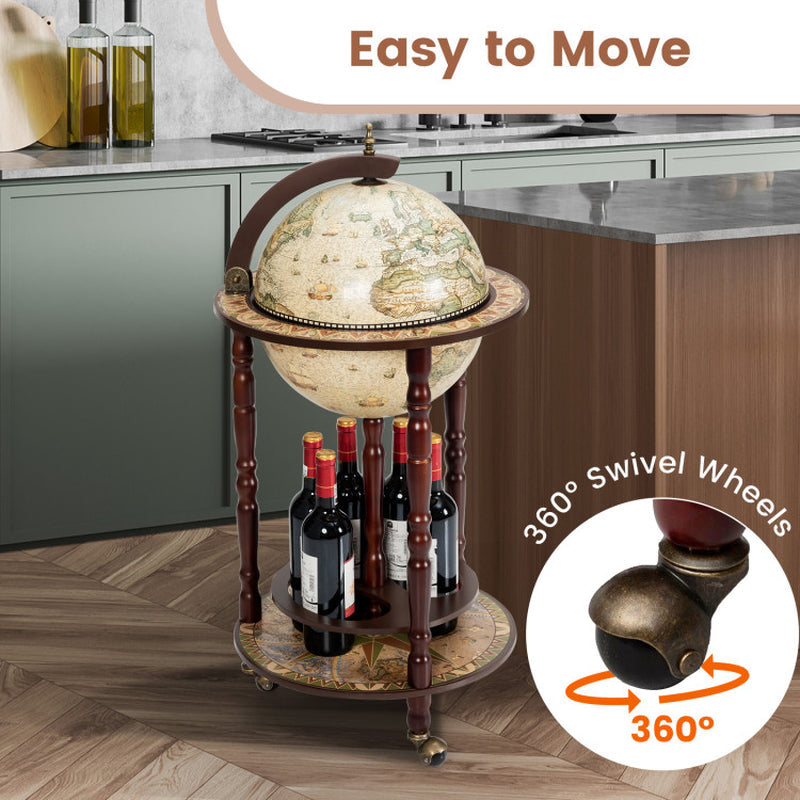 17-Inch Italian-Style Wooden Globe Liquor Bottle and Wine Rack with Wheels