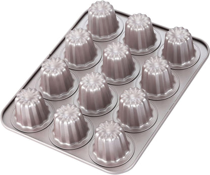 CHEFMADE Non-Stick Canele Mold Cake Pan - 12-Cavity Bakeware for Muffins and Cupcakes, Oven Safe in Champagne Gold