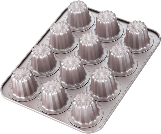 CHEFMADE Non-Stick Canele Mold Cake Pan - 12-Cavity Bakeware for Muffins and Cupcakes, Oven Safe in Champagne Gold
