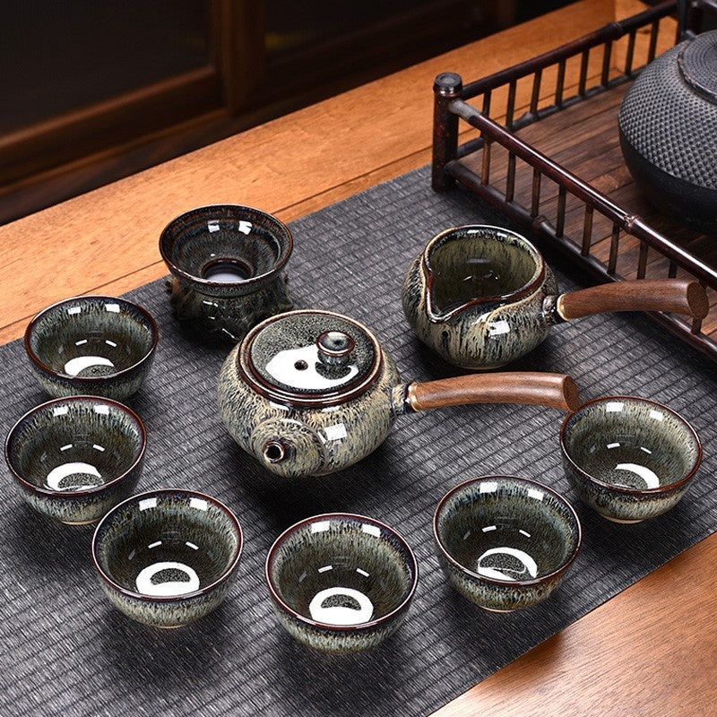 Color: Wooden Handle, Style: 10PCS Marigolds Set - Flambe Jian Ware Kung Fu Tea Set Suit