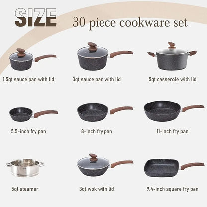 Induction Cookware & Bakeware Set - 30 Piece Black Granite Cooking Pans Set, Non-Stick Pots and Pans Set