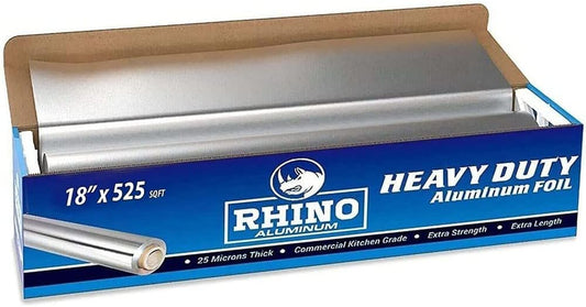 Rhino Heavy-Duty Commercial Grade Aluminum Foil - 18" x 525 ft Roll, 25 Microns Thick, Perfect for Food Service Applications (Single Roll)