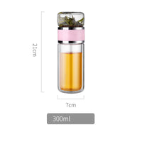 Color: Pink and cup cover, Size: 300ml - Tea separation glass cups, tea cups, double glass cups