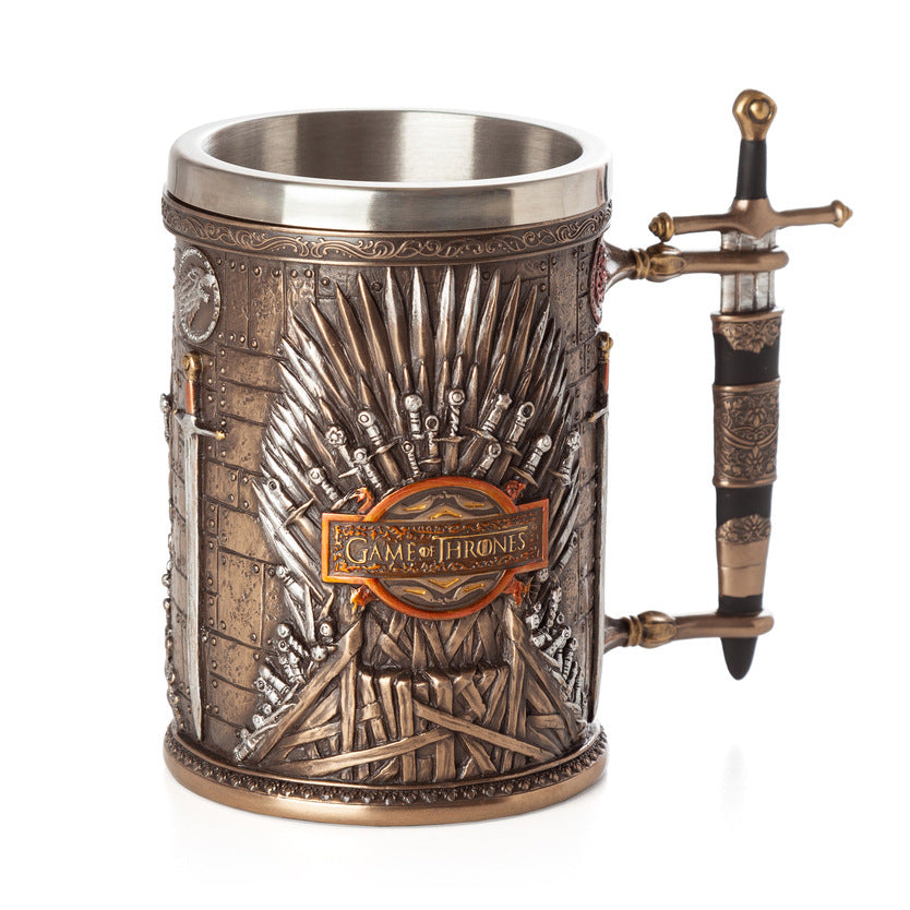 Style: Handle mug - Double Resin Stainless Steel Mug Large Water Cup Lion Head Faucet Goblet