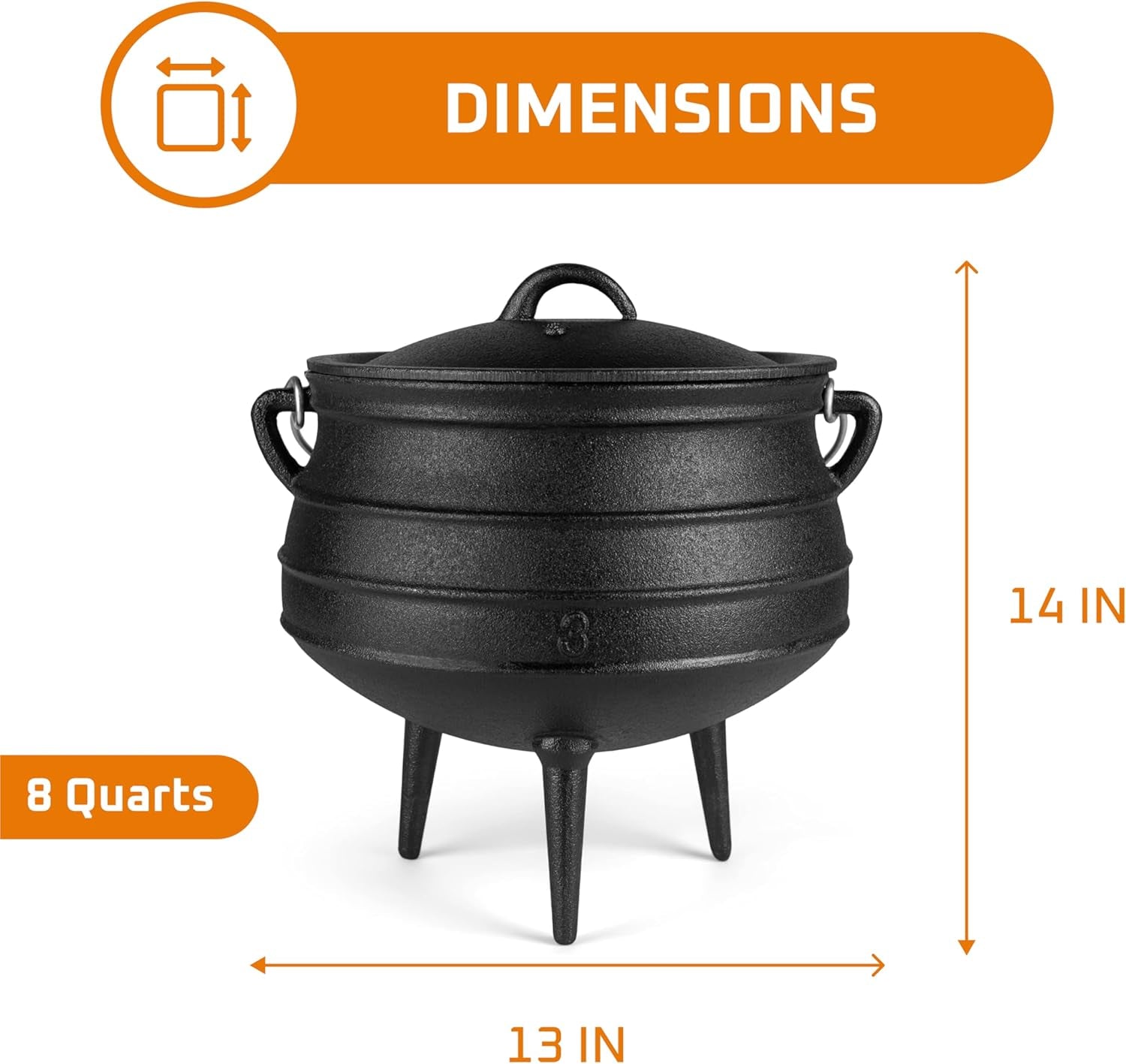 Bruntmor 8-Quart Pre-Seasoned Cast Iron Cauldron - African Potjie Pot with Lid - 3-Legged Design for Optimal Heat Distribution - Outdoor Cast Iron Dutch Oven for Campfire Cooking and Boiling