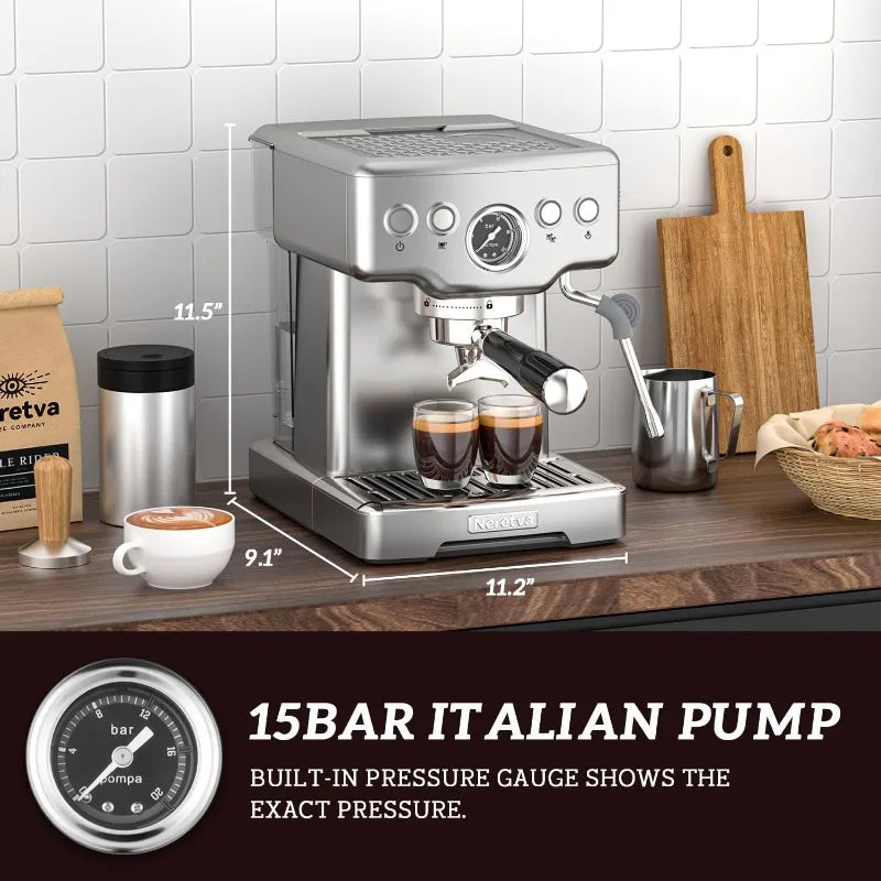 15 Bar Espresso Machine with Milk Frother Steam Wand for Cappuccino, Latte, Macchiato, 1450W Professional Coffee Machine