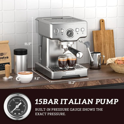 15 Bar Espresso Machine with Milk Frother Steam Wand for Cappuccino, Latte, Macchiato, 1450W Professional Coffee Machine
