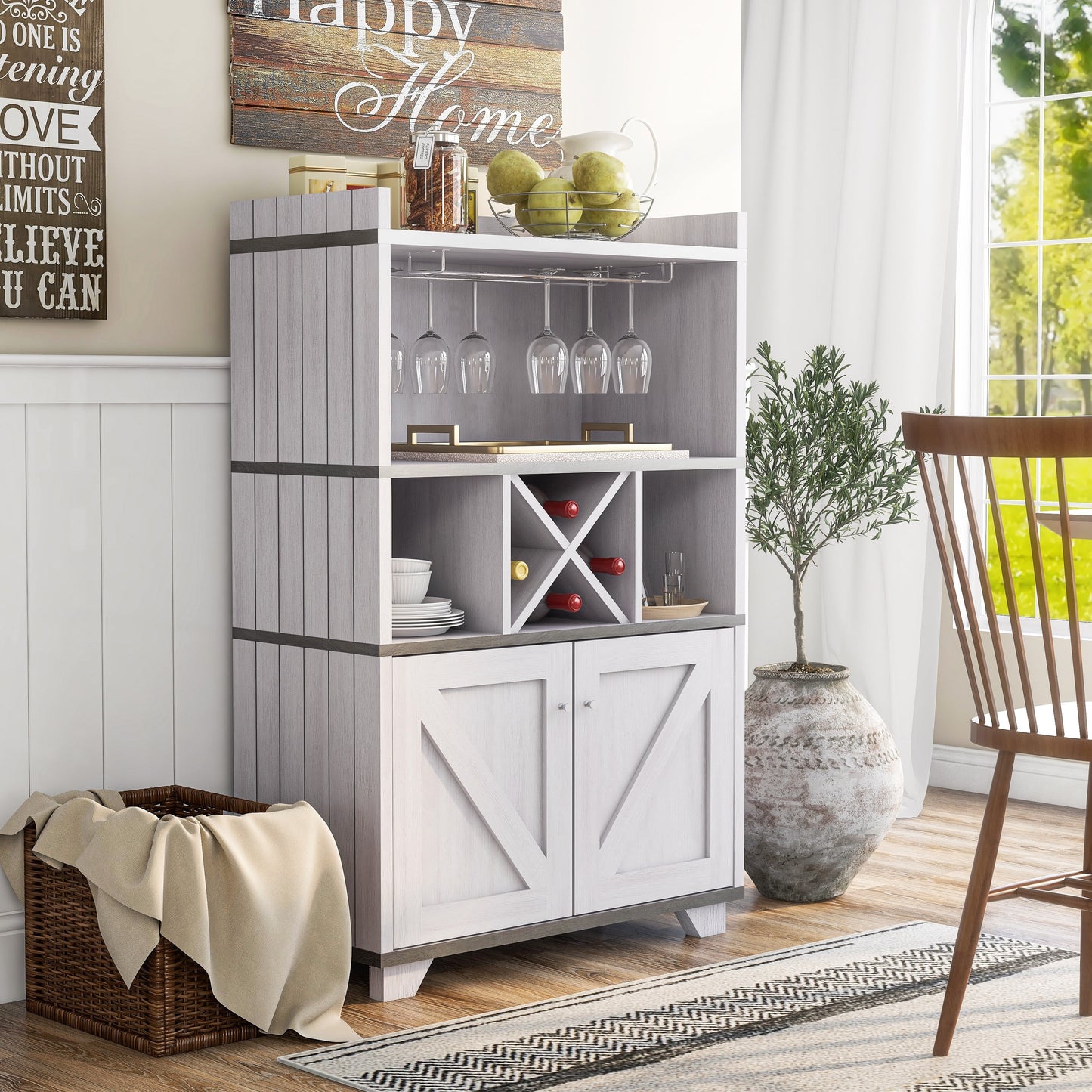 Furniture of America Keya Farmhouse 6-Shelf Wine Cabinet Buffet Vintage Walnut Walnut Finish, Wood Finish
