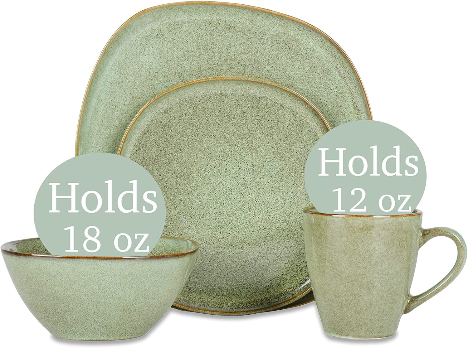 Elanze Designs Modern Chic Smooth Ceramic Stoneware Dinnerware 16 Piece Set - Service for 4, Sage Green